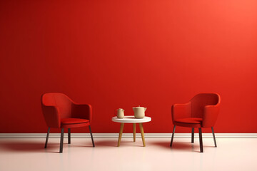 Fototapeta premium Interior of modern living room with red walls, white floor and red armchairs. 3d rendering