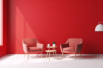 Interior of modern living room with red walls, white floor and red armchairs. 3d rendering