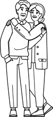 retirement senior couple hugging vector. male woman, person together, old smile retirement senior couple hugging character. people black line illustration