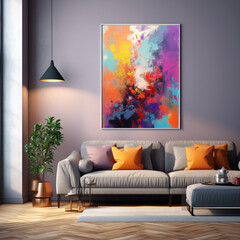 a clean wall with a brightly colored oil painting hanging on it, light luxury, close up