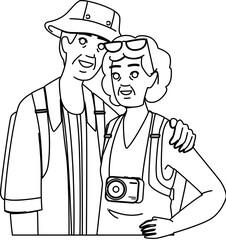 woman senior couple vacation vector. man happy, retirement love, male female woman senior couple vacation character. people black line illustration