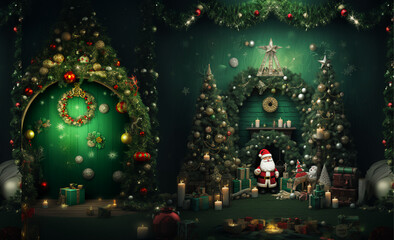 green background, christmas tree, chimney, snowman, fairy lights, many christmas related details for decoration on green background