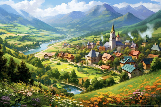 Fairytale landscape with village in the mountains. Digital painting.