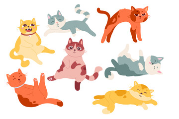 Funny cat domestic pet animal character in different poses with various emotion isolated set
