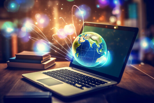Laptop with globe on a wooden table with books and colorful lights