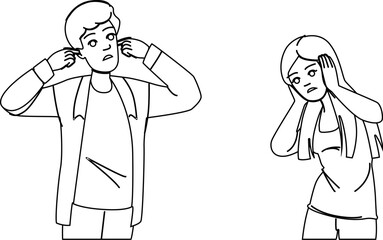 noise plugging ears vector. plug loud, man woman, work avoid noise plugging ears character. people black line illustration