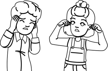 person plugging ears kid vector. loud sound, young unhappy, sad ear person plugging ears kid character. people black line illustration