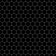 Repeated black polygons on white background. Honeycomb wallpaper. Seamless surface pattern design with regular hexagons. Grill motif. Digital paper for page fills, web designing, textile print. Vector