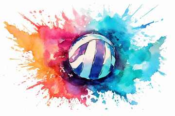 Watercolor volleyball ball on watercolor splash background. Vector illustration.