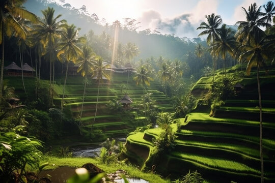 Rice terraces in Bali island, Indonesia. 3D rendering