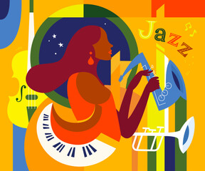 Jazz music placard design with musical instruments and beautiful female silhouette in abstract style