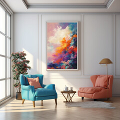 a clean wall with a brightly colored oil painting hanging on it, light luxury, close up, with sofa