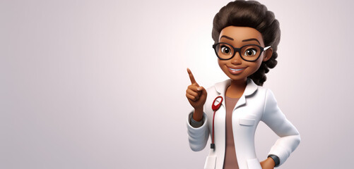 An adorable cartoon character depicting an African woman in the role of a doctor, surgeon, medical expert, or healthcare professional.