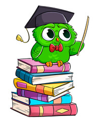 Green owl teacher, on top of stack of books