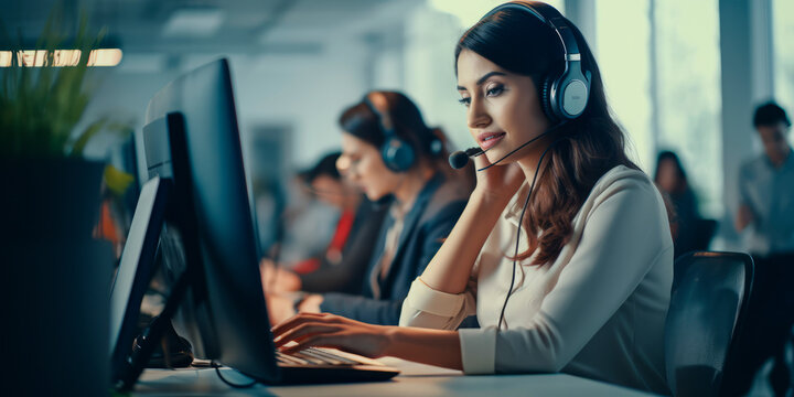 a group of telemarketers working together in a bustling office. Created with generative AI technology.