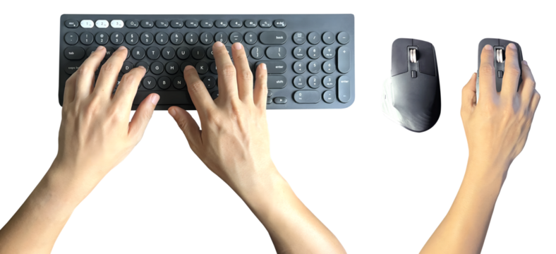 Hand on digital computer keyboard keypad and mouse with set of hand on transparent background cutout, PNG file. Mockup template for artwork design, upright front