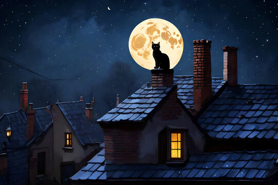 A moonlit rooftop scene in an old village, with a cat sitting atop a chimney, gazing at the glowing Halloween moon suspended in the night sky.
