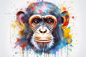 Modern colorful watercolor painting of a chimpanzee, textured white paper background, vibrant paint splashes. Created with generative AI
