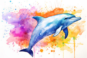 Modern colorful watercolor painting of a dolphin, textured white paper background, vibrant paint splashes. Created with generative AI