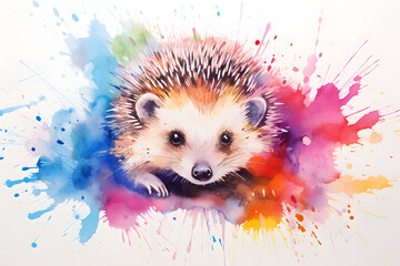 Modern colorful watercolor painting of a hedgehog, textured white paper background, vibrant paint splashes. Created with generative AI
