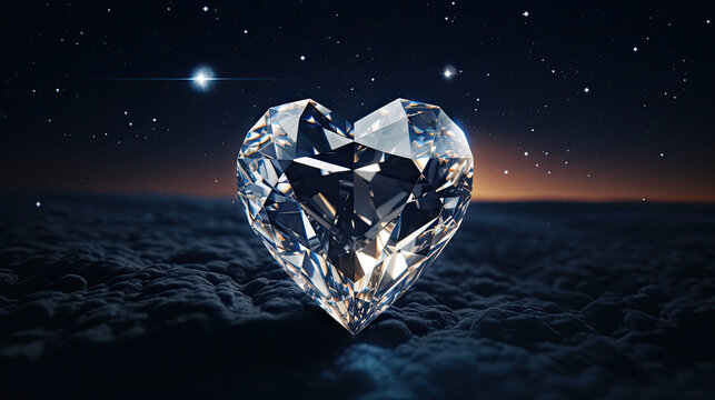 Heart shaped shiny  diamond, background night sky