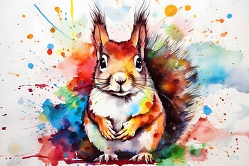 Modern colorful watercolor painting of a squirrel, textured white paper background, vibrant paint splashes. Created with generative AI