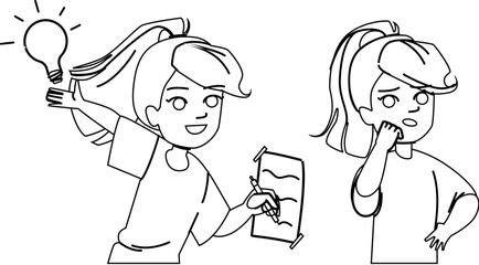kid girl think answer vector. question child, mark doubt, student boy, happy idea, character face kid girl think answer character. people black line illustration