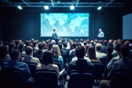lecture hall for training, meeting room full of people or students participating in business training, seminar