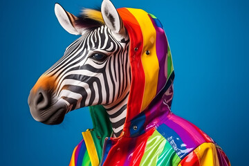Portrait of a zebra wearing a raincoat and an umbrella in studio, colorful background. Autumn concept. Generative AI