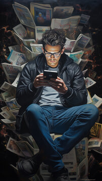 Young Man Obsessed with Digital Technology, Smartphones, Tablet, Social Media, Surrounded by Images and Flyers Generative AI