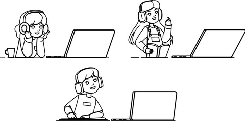 kid online learning vector. child home, laptop internet, study school, class student, teacher technology kid online learning character. people black line illustration