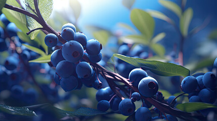 Ripe blueberries on the branches of a bush in the garden.