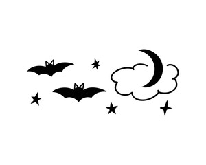 bats and moon, flying bats, stars. Vector Illustration for printing, backgrounds and packaging. Image can be used for greeting cards, posters, stickers and textile. Isolated on white background.