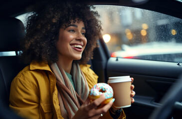 Beautiful African american young curly haired woman with delicious donut and coffee to go, sitting in the car on busy rush hour street on rainy day.