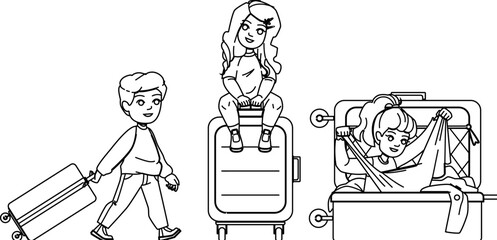kid suitcase vector. child travel, dream happy, girl boy, fun pilot, aviator childhood kid suitcase character. people black line illustration