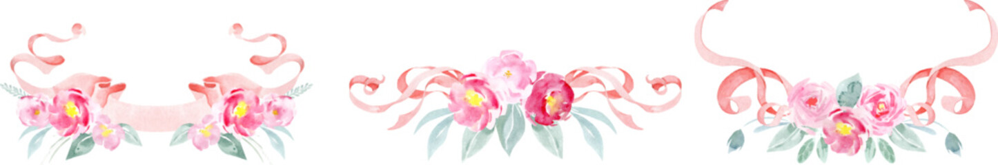 Watercolor vector pink rose, green leaves, crest and ribbons. Wedding frames with flowers and ribbons. Floral poster, invite. Vector arrangements for greeting card baby shower