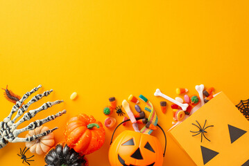 Festive trick or treat tradition for kids. Overhead shot displaying a pumpkin basket with candies and Halloween decorations on an orange isolated background, suitable for text or ad placement