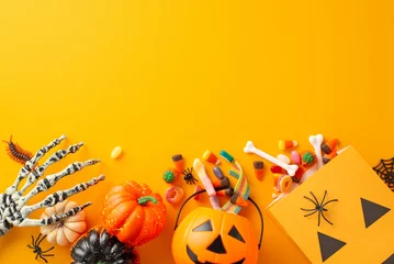Tuinposter Festive trick or treat tradition for kids. Overhead shot displaying a pumpkin basket with candies and Halloween decorations on an orange isolated background, suitable for text or ad placement © ActionGP