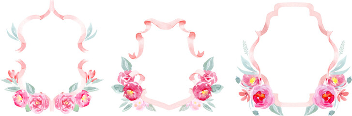 Watercolor vector pink rose, green leaves, crest and ribbons. Wedding frames with flowers and ribbons. Floral poster, invite. Vector arrangements for greeting card baby shower