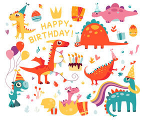 Funny birthday party prehistoric dinosaurs character set for greeting cards cartoon design