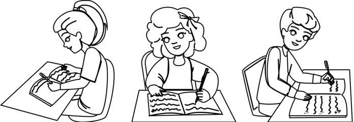 kid writing vector. child education, book student, study write, happy young, girl little kid writing character. people black line illustration
