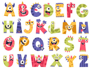 Creepy funny monster alphabet kawaii text letter cute cartoon characters set vector illustration © Mykola Syvak