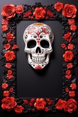 Background for skull, Day of Dead theme,  with flowers and copy space, Santa Muerte