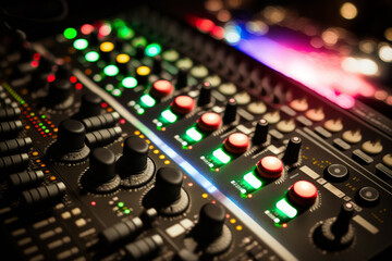 Fototapeta na wymiar Sound mixer closeup with glowing lights at club party generative ai