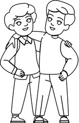 kid boy friend vector. happy children, child group, ship cute, character school, kindergarten student kid boy friend character. people black line illustration