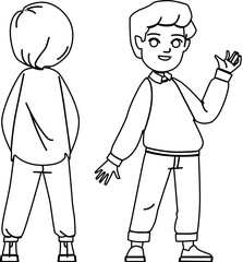 kid boy front back vector. child body, person human, side male, character face, school flat kid boy front back character. people black line illustration