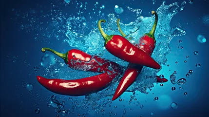Foto op Canvas Red hot chili peppers on a blue background with drops of water. © Ziyan Yang