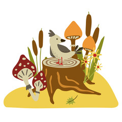 Bird on a stump in an autumn meadow with flowers, sticks, mushrooms, cattails. Fall Clip Art