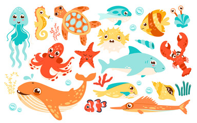 Funny sea animal set cartoon marine character vector illustration ocean life underwater inhabitant