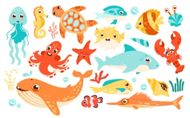 Fotobehang Onder de zee Funny sea animal set cartoon marine character vector illustration ocean life underwater inhabitant